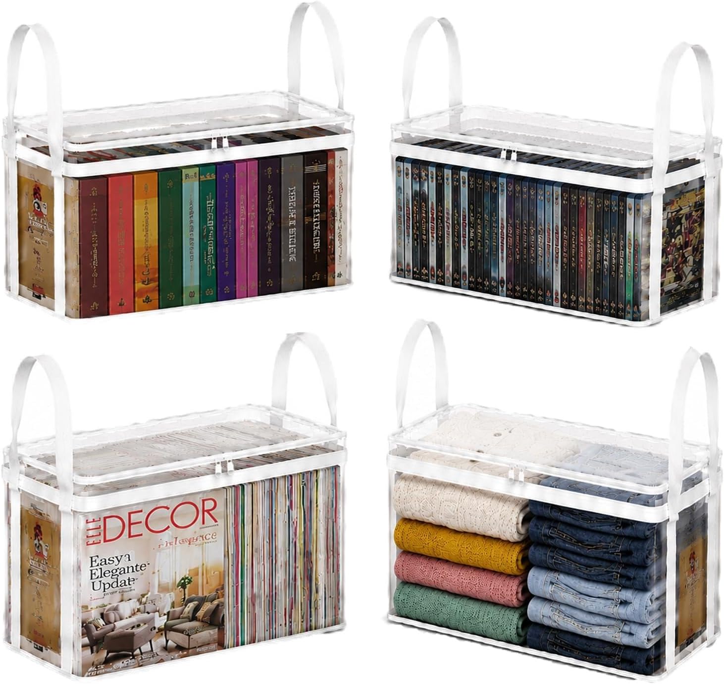 Clear Waterproof Book Storage Boxes with Handles - Set of 4