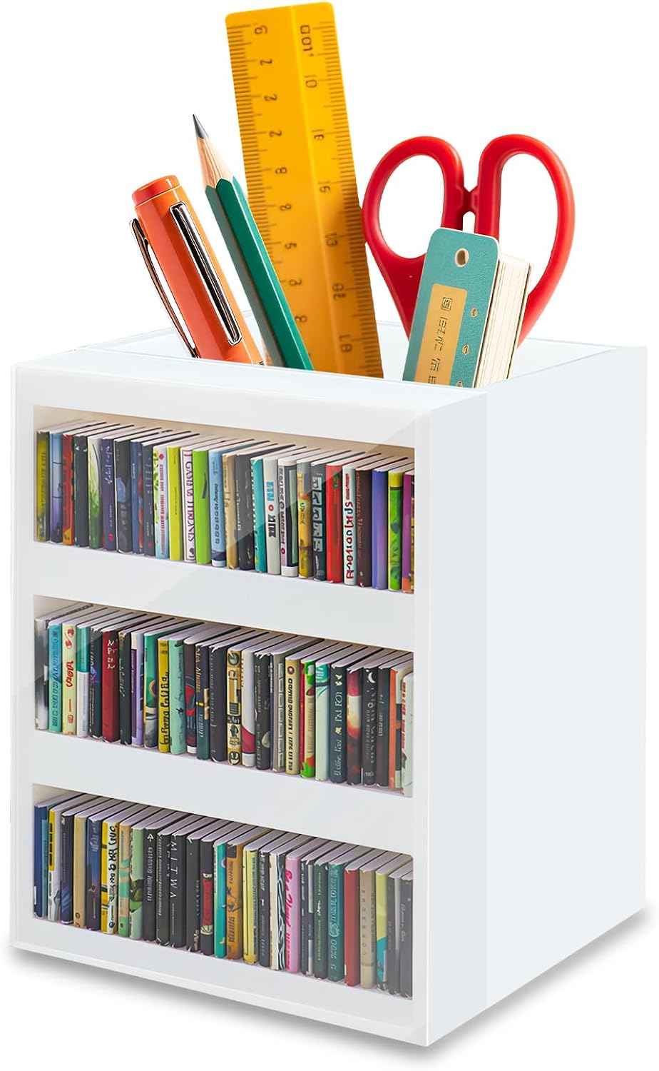 White Desktop Mini Bookshelf Pen Holder with 100 Tiny Books